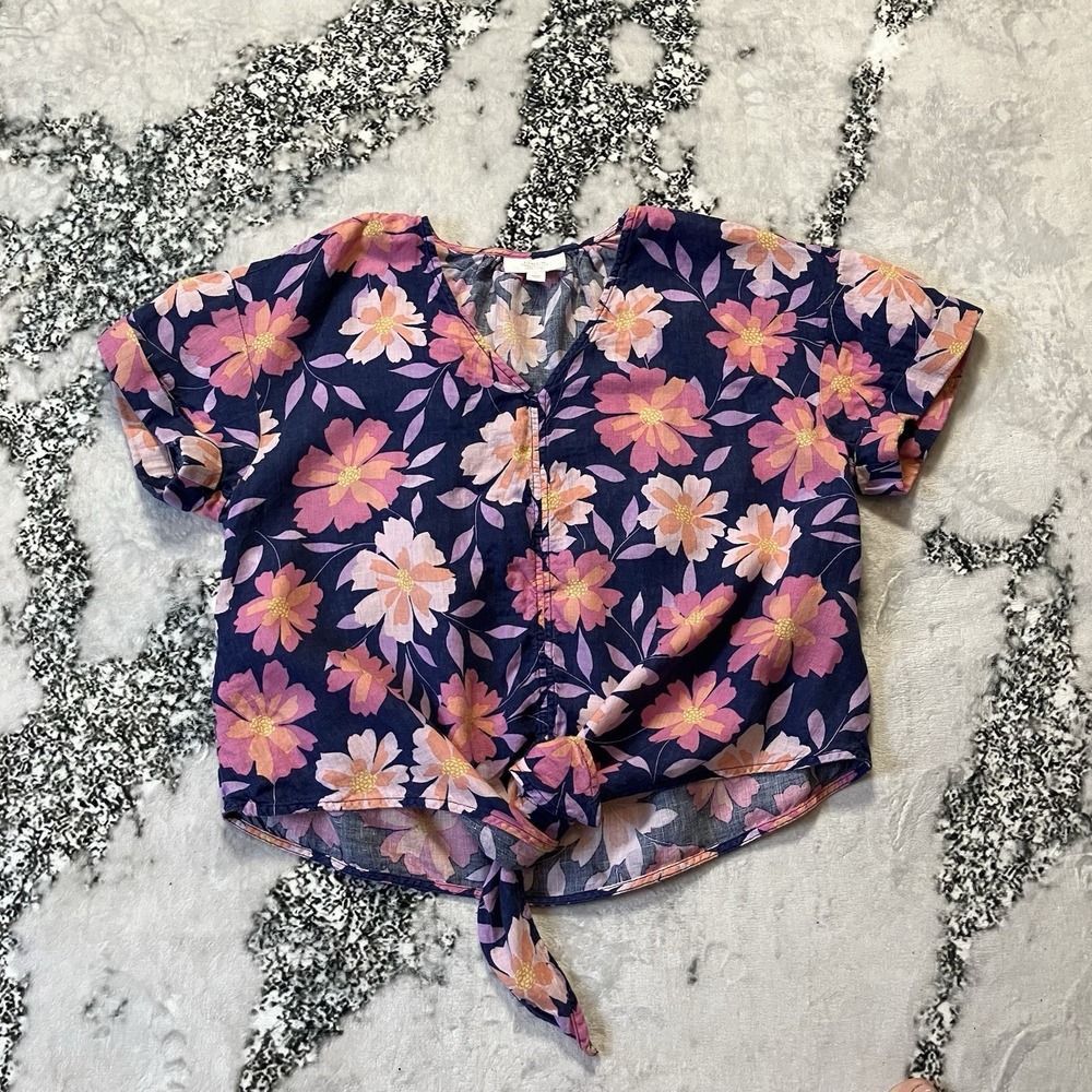 Charter Club Shirt Womens Size Large Linen Pink Multi Aloha Floral Tie Front